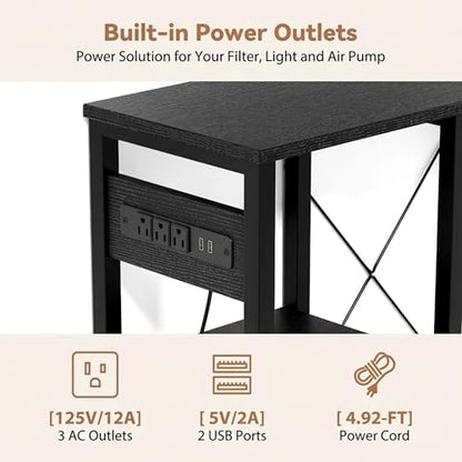 GRLEAF 5-10 Gallon Fish Tank Stand with Power Outlets, 4 Tier Metal Aquarium Stand with Wood Storage Shelves, 20.3" L x 10.6" W x 30.3" H Turtle Reptile Fish Tank Table Aquarium Table - Black