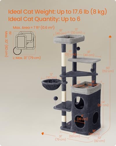 Feandrea Cat Tree Indoor, 60" Multiple-Level Plush Cat Tower, Dark Gray