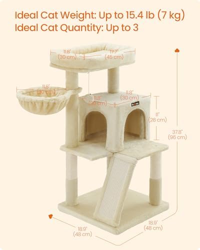 Feandrea Cat Tree, 37.8-Inch Tall Cat Tower, Multi-Level Condo, Beige