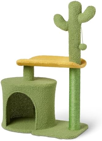 Amazon Basics Cactus Cat Tower for Indoor Cats, 4-in-1 Scratching Post with Curved Perch, Cozy Condo, Natural Sisal, Interactive Dangling Ball, 30.7 in H, Green
