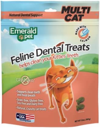 Emerald Pet Grain Free Cat Dental Treats – Crunchy Salmon Cat Treats to Clean Teeth, Reduce Plaque & Tartar, and Freshen Breath – Natural Feline Dental Care, 32 oz
