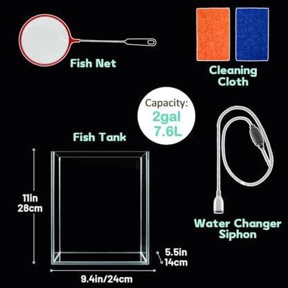 LAQUAL 2 Gallon Fish Tank Starter Kit with Fish Net, 1 Water Changer Siphons & 2 Cleaning Cloth, Crystal Clear Glass Fish Tank, Small Fish Tank/Aquarium for Betta & Goldfish, Nice Home Décor