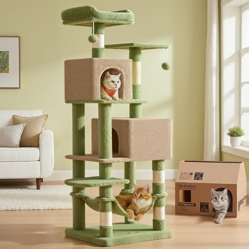 Feandrea Cat Tree, 59.5-Inch Tall Cat Tower, Plush Multi-Level Condo