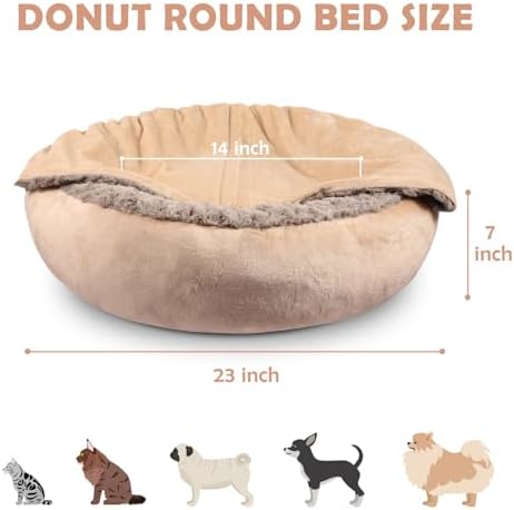 JOEJOY Small Dog Cat Bed With Hooded Blanket, Cozy Cuddler Luxury Puppy Pet Donut Round Calming Anti-Anxiety Burrow Cave - Anti-Slip Bottom, Machine Washable, 23 Inch