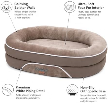 Orthopedic Dog Bed with Calming Bolster Sides, Faux Fur Interior, Non-Slip Base, Taupe and Beige, for Medium and Large Dogs