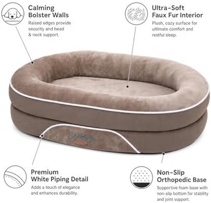 Orthopedic Dog Bed with Calming Bolster Sides, Faux Fur Interior, Non-Slip Base, Taupe and Beige, for Medium and Large Dogs
