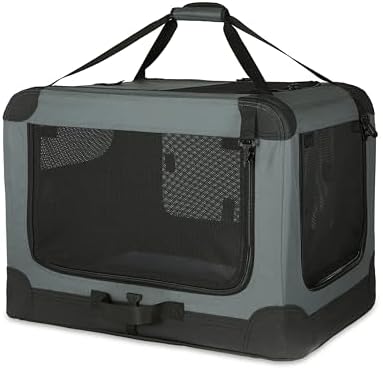 Amazon Basics Portable Folding Soft Dog Crate, 4-Doors, Collapsible Travel Kennel for Cat, Dog, and Small Animals, Quick Setup, Small 26" x 18" x 18", Grey
