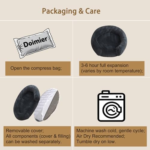 Calming Dog & Cat Beds with Orthopedic Egg-Crate Foam Raised Rim, Soft Fluffy Faux Fur Pet Bed for Small Medium Dogs, Anxiety Relief Spine Support, Machine Washable (Round, Dark Grey 20")