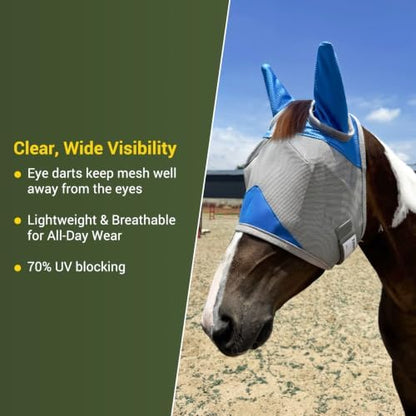 Horse Fly Mask with Ears, UV Block Breathable Mesh (Blue, L)
