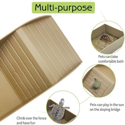 kathson Tortoise Water Dish with Ramp and Basking Platform, Reptile Water Bowl Turtle Soaking Tub Hermit Crab Bathing Pool for Amphibians Habitat Accessories (Brown)