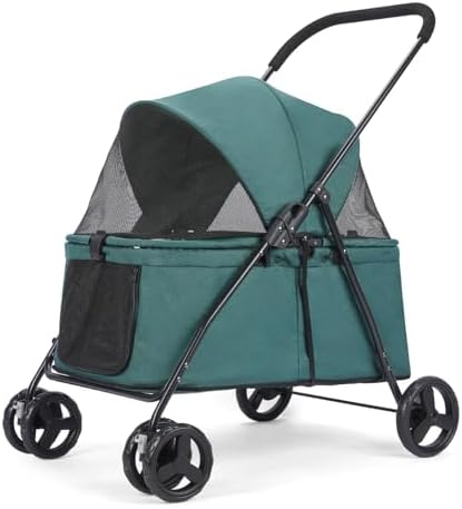 20% Larger Capacity, Wedyvko Dog Stroller for Medium/Small Pets w/Dog Poop Bags & Dispenser, Storage Pouch, Zipperless, Entry in/Out Easy (Dark Green)
