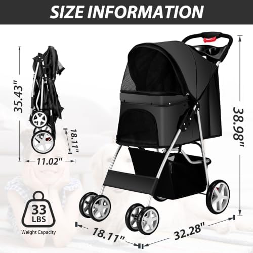 Unisakey Foldable 4-Wheel Pet Stroller for Dogs Cats 10-33lbs, Black