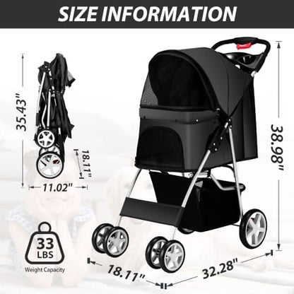 Unisakey Foldable 4-Wheel Pet Stroller for Dogs Cats 10-33lbs, Black