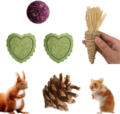 Hamster Chew Toys, 11PCS Rabbit Molars Care Set Sweet Bamboo Water Grass Ball and Cake Apple Branch Treats for Chinchilla