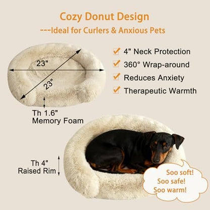 Calming Dog & Cat Beds with Orthopedic Egg-Crate Foam Raised Rim, Soft Fluffy Faux Fur Pet Bed for Small Medium Dogs, Anxiety Relief Spine Support, Machine Washable Cover (Round, Beige 23")