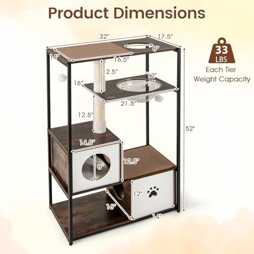 Tangkula Modern Cat Tree, 52 Inch Multi-Level Cat Tower with Metal Frame, 2 Wooden Condos, Sisal Scratching Posts, Detachable Cushion & Mats, Dangling Balls, Space Capsule Nest for Indoor Cats
