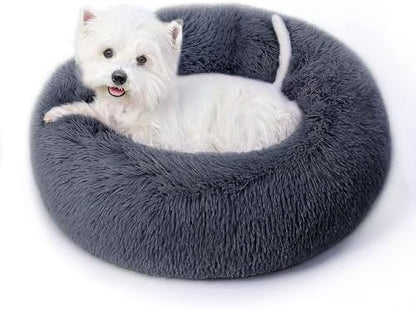 Calming Round Dog Bed with Anti-Slip Bottom, Medium Size Washable Anti-Anxiety Donut Dog Beds for Medium Dogs, Fluffy Plush Soft Dog Bed(27 Inch, Dark Brown)