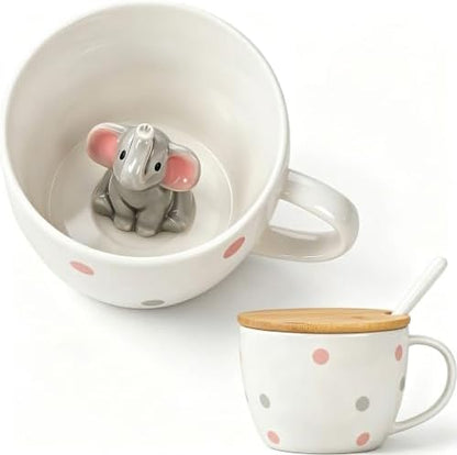 White Elephant Gifts for Women Cute Elephant Mug with 3D elephant Inside Kawaii Ceramic Coffee Mug Tea Cup with Lid Spoon Friendship Birthday Christmas Gifts for Women Men Sisters Friend Coworkers
