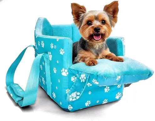 Center Console Dog Car Seat for Small Dogs Under 15lbs,Detachable Washable Booster Pet Car Seat Travel Bed with Storage Pockets and Seat Belt(Blue)