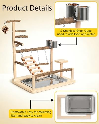 Natural Wooden Bird Playground Set - Bird Cage Accessories with Perches, Ladder & Swing, Safe Natural Wood Activity Center for Small to Medium Birds (Parakeet, Conure, Budgie, Cockatiel)