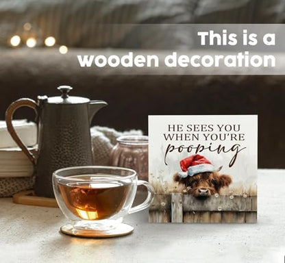 Christmas Highland Cow Bathroom Decor Sign - Farmhouse Western Christmas Animal Bathroom Decor,Rustic Farm Animal He Sees You When You're Pooping Signs,Highland Cow Gifts for Women
