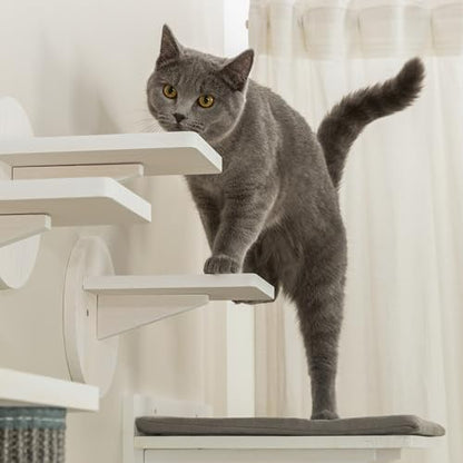 Trixie Cat Wall Furniture Set 6-7pc Cat Climbing Wall Set - Sisal Rope Scratching Posts, Elevated Bed, Corner Shelf, Steps - Gray/White