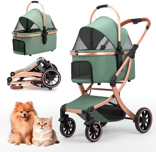 3 in 1 Pet Stroller for Small/Medium Dogs & Cats with Detachable Carrier, Storage Basket and Pet Pad, 4 Wheels Foldable Pet Travel Carrier for Car Seat & Hand Carry, Safe Outings (Green)