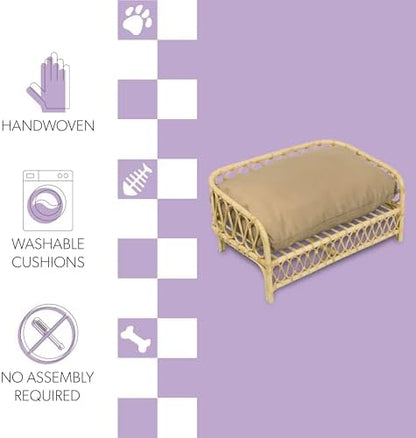 DBD1005B Elevated Pet Daybed 27.5" x 17", Handwoven Rattan Dog & Cat Bed with Machine Washable Cushion, Wicker Rattan Sofa for Small to Medium Pets, Bohemian Style, Light Brown