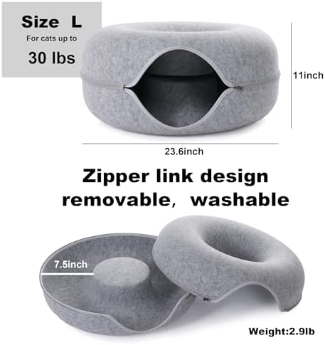 Large Cat Tunnel Bed for Indoor Cats with 3 Toys, Scratch Resistant Donut Cat Bed, Up to 30 Lbs (L 24x24x11, Light Grey)