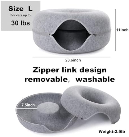Large Cat Tunnel Bed for Indoor Cats with 3 Toys, Scratch Resistant Donut Cat Bed, Up to 30 Lbs (L 24x24x11, Light Grey)