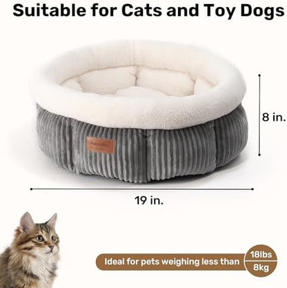 FUKUMARU Corduroy Round Cat Dog Bed, Anti-Anxiety & Washable