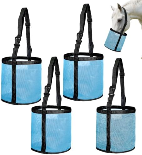 4Pcs Horse Feed Bag for Grain, Heavy Duty Mesh Grain Feeder with Adjustable Strap and Waterproof Bottom, Comfortable Neck Pad Horse Muzzle Feed Bag, Blue