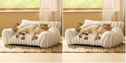 Bedsure Cute Cat Couch for Pets - Fluffy Cat beds with Premium Soft Corduroy Fleece, Fuzzy Cats beds for Indoor Cats with Removable Washable Cover, Supportive Pet Sofa, 24inch, Cream (Pack of 2)