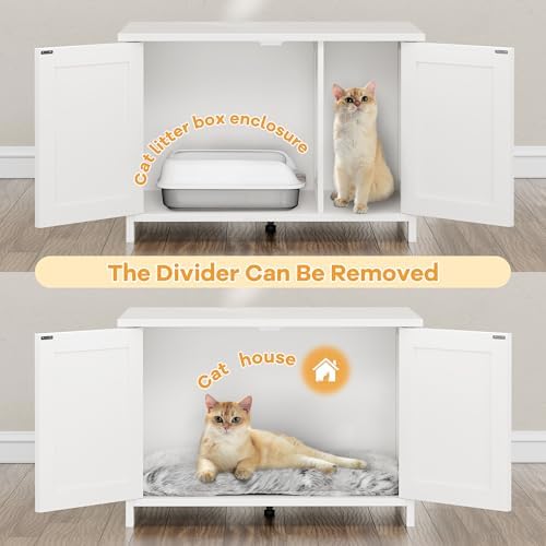 Shintenchi Cat Litter Box Enclosure, Litter Box Furniture Cabinet Hidden with Removable Divider, Wooden Cat House with End Table, White, 31.5 inch