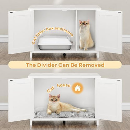 Shintenchi Cat Litter Box Enclosure, Litter Box Furniture Cabinet Hidden with Removable Divider, Wooden Cat House with End Table, White, 31.5 inch