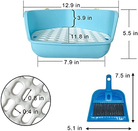 kathson Rabbit Litter Box Pet Toilet Cage Box Potty Trainer Corner with Small Animal Cage Cleaner Broom Brush Dustpan for Bunny Chinchilla Guinea Pig Ferret(Blue)