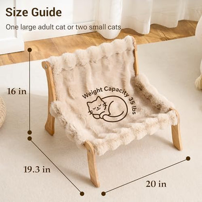Solid Wood Cat Couch Bed for Indoor Cats, Modern Cat Sofa with Ultra-Soft Plush Surface Washable, Reclined Backrest, Elevated Plush Cat Lounge for Small to Adult Cats, Soft Khaki