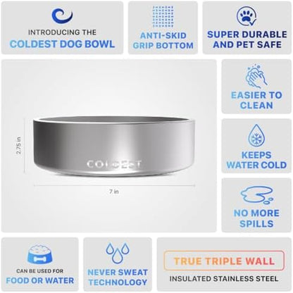 Coldest Dog Bowl - Anti Rust Metal, Non Slip, 3 Layers Insulated Stainless Steel Dog Bowls - Spill Proof & Heavy Duty - Water Bowl for Dogs, Cats, Dish Washer Safe (42 oz, Polished Stainless Steel)