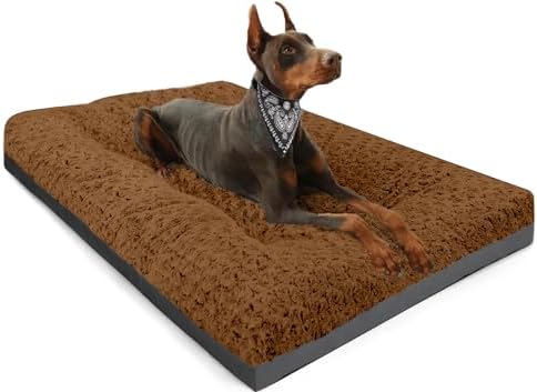 POCBLUE Dog Beds Large Sized Dog, Washable Plush Pet Bed for Crate, Anti-Slip Pet Mat for Cages, Comfy Crate Pad for Outdoor/Indoor/Car Use, Soft Kennel Pad for Dogs Up to 60 lbs, 35"x23", Brown
