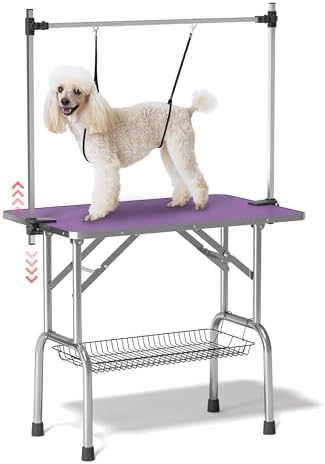 Lyromix 36'' Stainless Steel Pet Dog Grooming Table, Arm/Noose/Tray, Purple