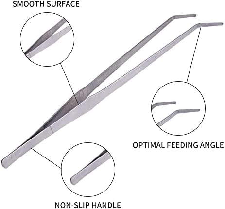 Extra Long Handle Aquarium Tweezers Serving Tongs Feed clamp,2 Pack Stainless Steel Straight and Curved Tweezers Set for Fish Tank Plants Reptile Feeding Tongs（15 Inchs）