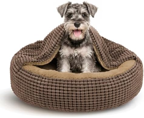 Small Dog Bed with Attached Blanket, Cozy Donut Cuddler Anti-Anxiety Hooded Pet Beds Calming Cave Bed, Orthopedic Round Puppy Beds for Dogs or Cats Washable, Anti-Slip Bottom, 23inch