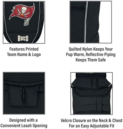 NFL Tampa Bay Buccaneers Puffer Vest for Dogs & Cats, Size Large. Warm, Cozy, and Waterproof Dog Coat, for Small and Large Dogs/Cats. Best NFL Licensed PET Warming Sports Jacket