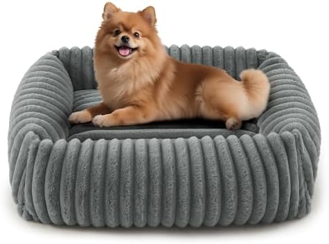 FURTIME Dog Bed for Small Medium Dog, Washable Orthopedic Pet Bed with Removable Cover, Rectangle Soft Calming Sleeping Puppy Bed Durable Pet Cuddler with Anti-Slip Bottom, Grey, M (25"x21"x7")