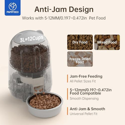 PAPIFEED Automatic Cat Feeder with App, WiFi Auto Cat Feeder, 3L Slow-Feed Cat Food Dispenser for Dry Food, Dual Power Supply Timed Pet Feeder for Cat, 10 Meals/Day, 6 Portions/Meal, Grey