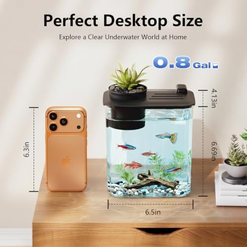0.8 Gallon Betta Fish Tank Aquarium Starter Kit with Light and Lid(Black)