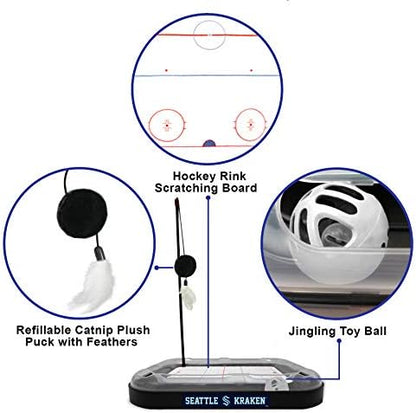 Cat Scratching Toy Hockey Field ICE HOCKEY RINK Cat Scratcher Toy with Interactive Cat Ball Bell in Tracks. 5-in-1 CAT TOY: Cat Wand Poll, CATNIP FILLED Plush Hockey Puck & Feathers