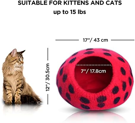 Woolygon Premium Felt Cat Cave Bed – Wool Kitty Beds Handcrafted Kitten Caves Bed for Indoor Cats - Made from Merino Wool, Foldable Cat Hideaway Covered Cat House Pod (Red Polka)
