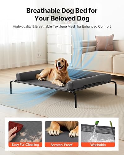 VEVOR Elevated Dog Bed for Large Dogs, Portable Raised Dog Cot with Washable Pillow, Indoor & Outdoor Pet Cooling Raised Hammock Bed with Steel Metal Frame and Breathable Teslin Mesh, XL, Gray