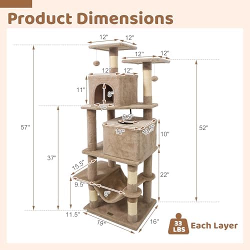 DORTALA 57" Tall Cat Tree, Multi-Level Cat Tower with 2 Large Condos, Sisal Scratching Posts, Top Perch, Hammock, Pet Play House Climbing Furniture for Indoor Adult Cats & Kittens (Coffee)